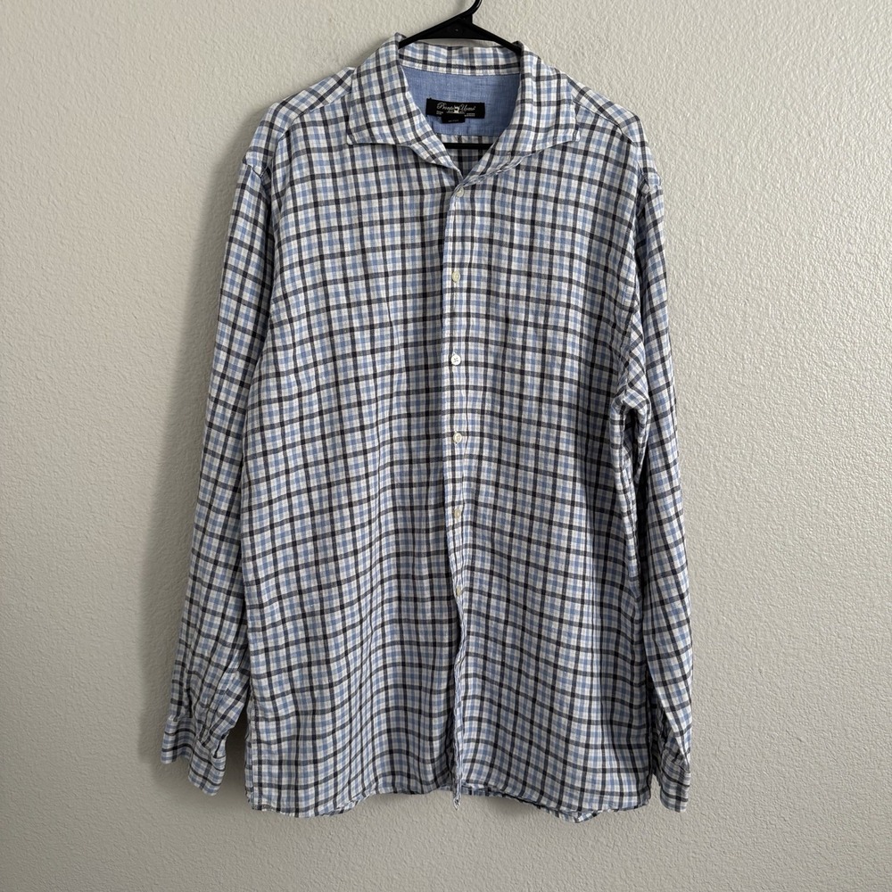 Pronto Uomo Mens Shirt XLT Long Sleeve Plaid 100% Linen Button Front Lightweight